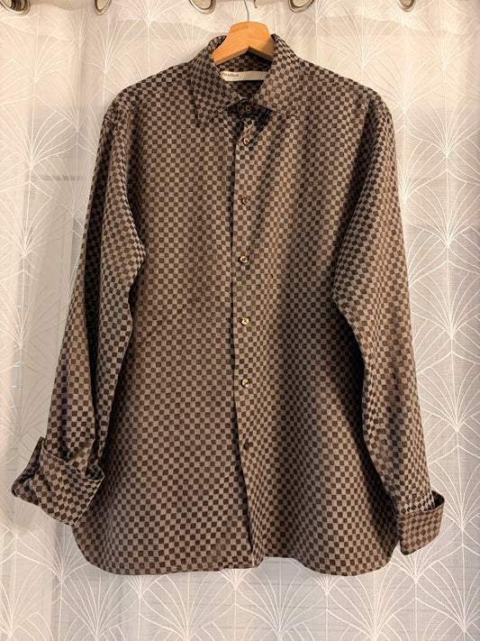 Chemise Perry Ellis Luxe Soie/Coton Carreaux Marron/Taupe Manches Longues – Homme – Taille L
