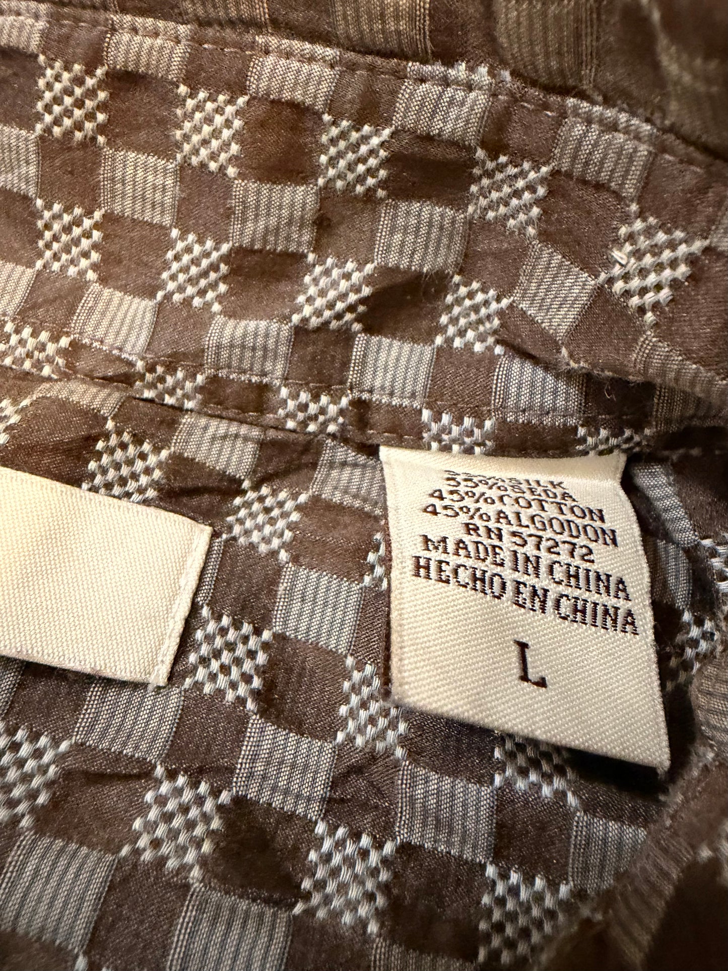 Chemise Perry Ellis Luxe Soie/Coton Carreaux Marron/Taupe Manches Longues – Homme – Taille L