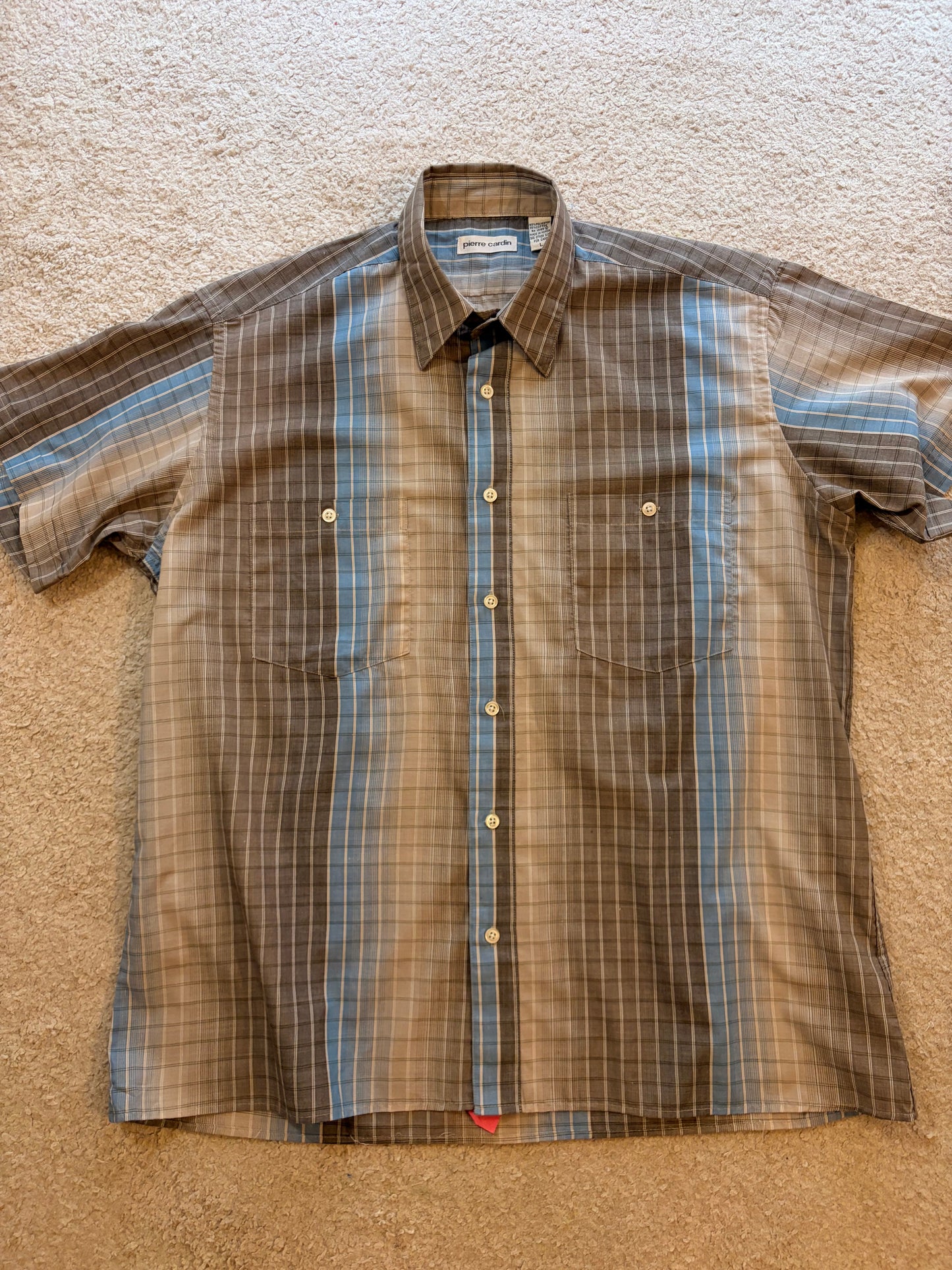 Chemise Pierre Cardin Manches Courtes Carreaux & Rayures Bleu / Brun – Taille L