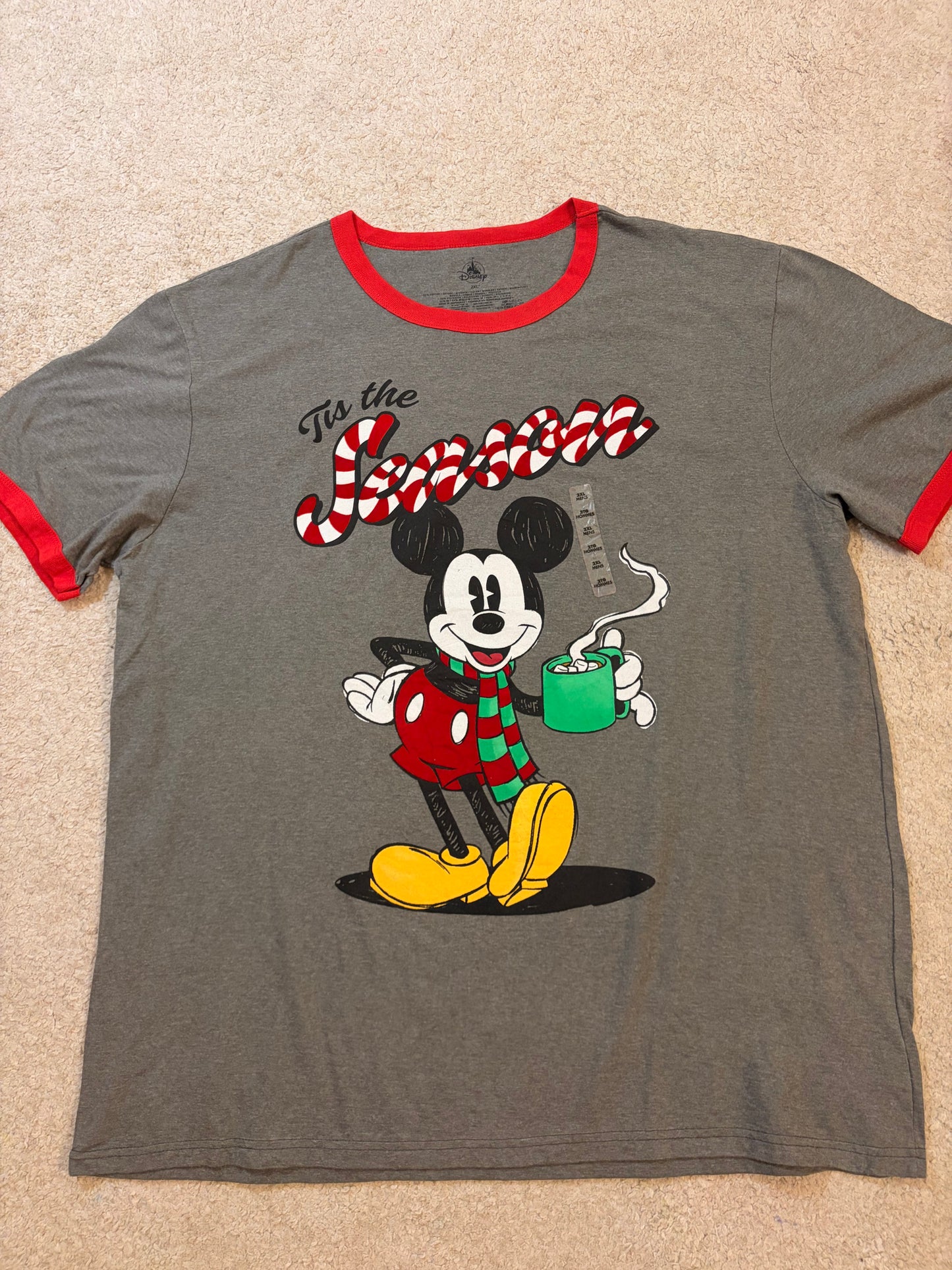 T-shirt Disney Noël Mickey Mouse Tis the Season Gris Ringer Rouge – Neuf – Mixte – Taille 2XL
