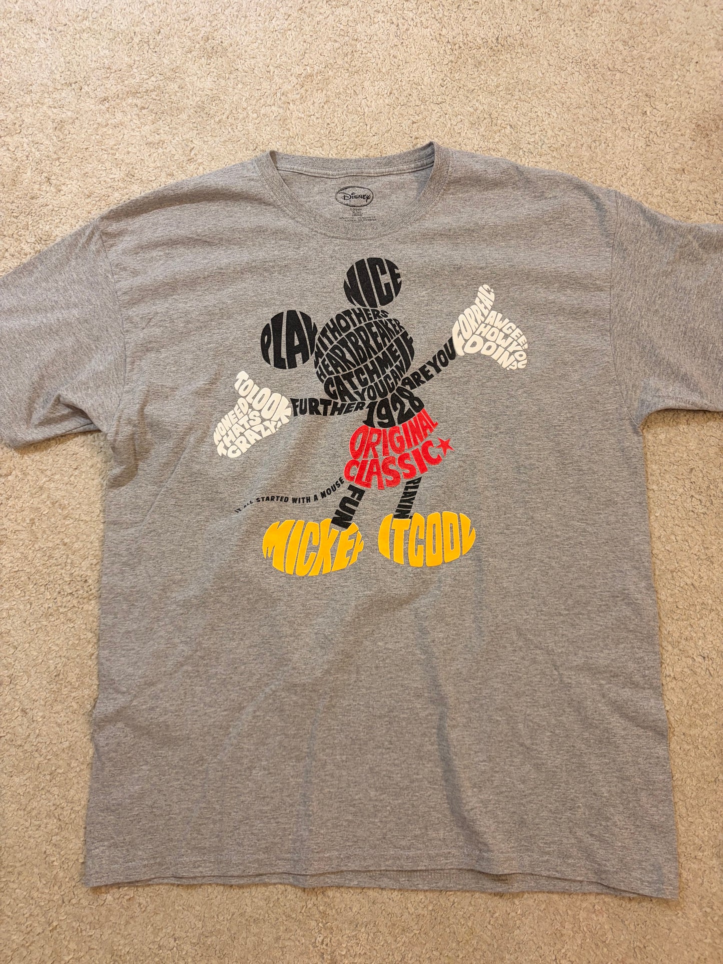 T-shirt Disney Mickey Mouse Silhouette Typographique Original Classic 1928 Gris Chiné Coton/Polyester – Taille XL | Seconde Main