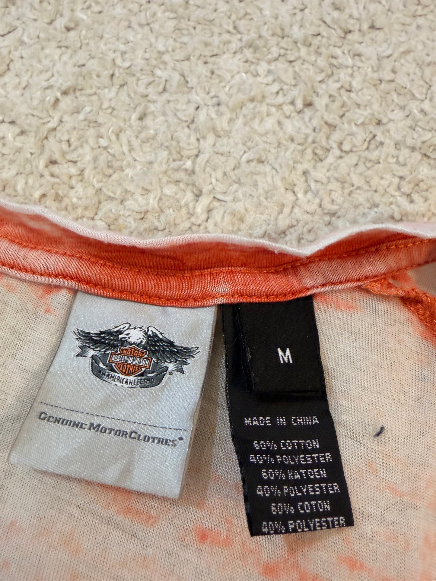 T-shirt Harley-Davidson Burnout Blanc/Orange Col V Paillettes Style Sport – Femme – Taille M