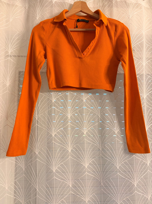 Top Crop Côtelé Zara Orange Flashy Manches Longues – Taille S