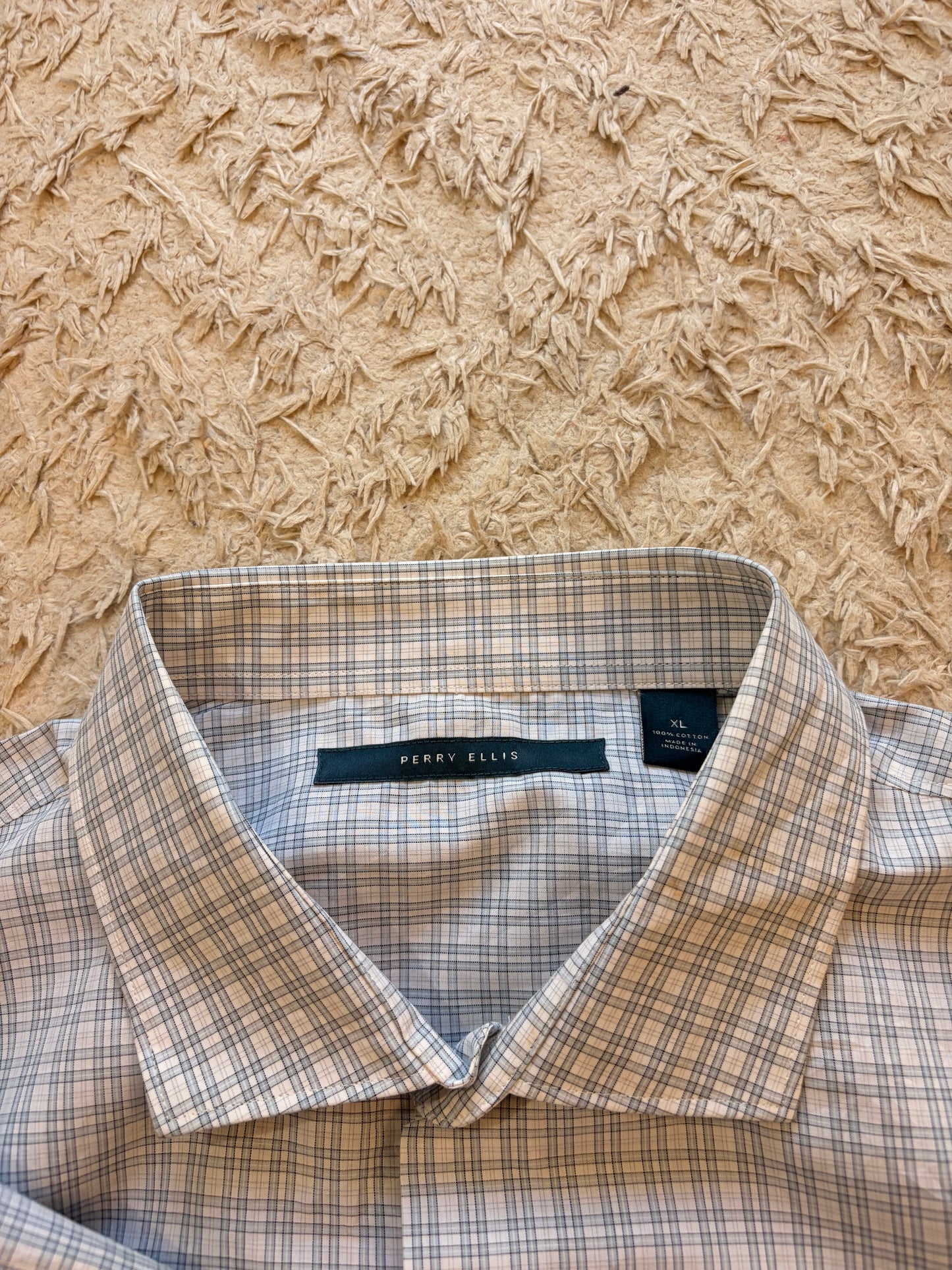 Chemise Perry Ellis Carreaux Tartan Gris/Blanc/Bleu Ciel 100% Coton Manches Longues – Homme/Unisexe – Taille XL