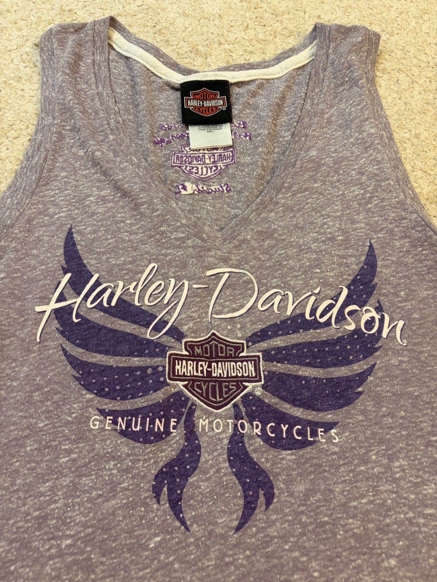 Débardeur Harley-Davidson Genuine Motorcycles Violet Chiné Col V Strass – Femme – Taille L