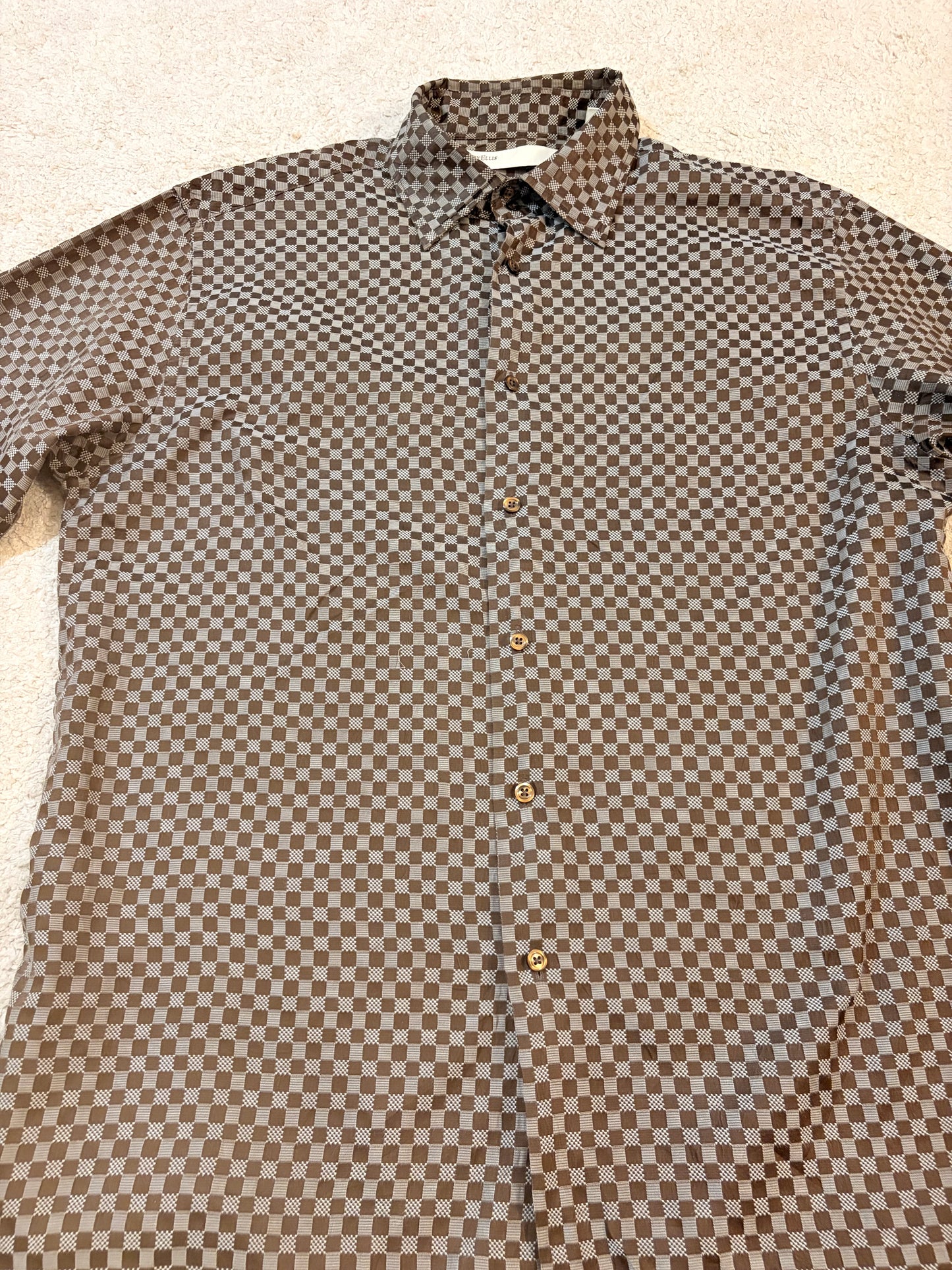 Chemise Perry Ellis Luxe Soie/Coton Carreaux Marron/Taupe Manches Longues – Homme – Taille L