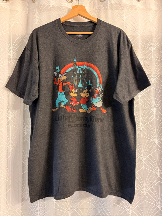 T-shirt Walt Disney World Florida Rétro Mickey & Friends Château Arc-en-Ciel Gris Anthracite – Mixte – Taille XL