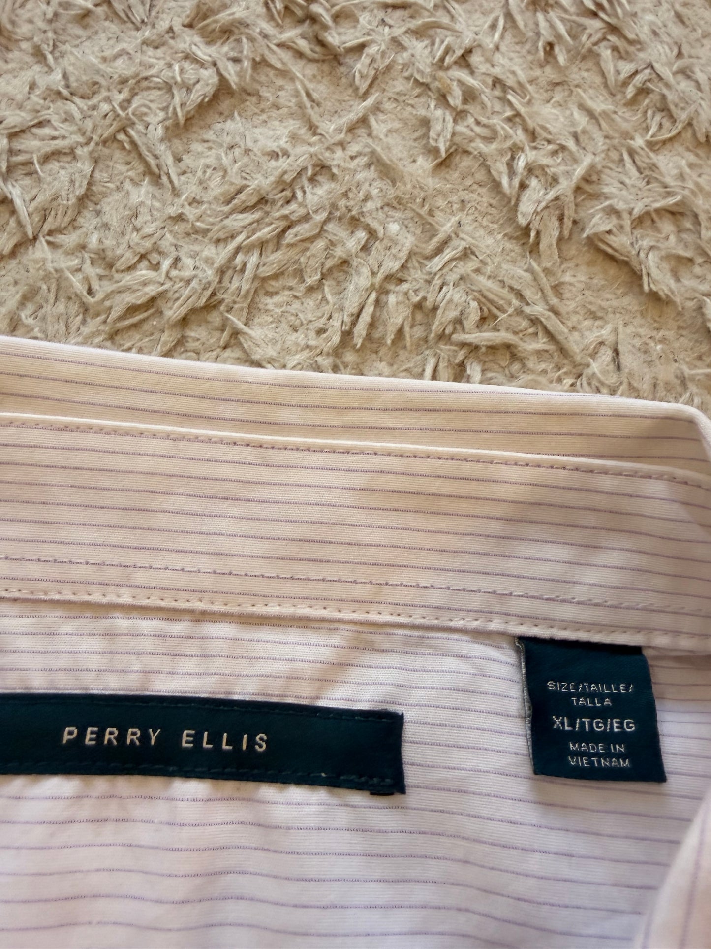 Chemise Manches Courtes Perry Ellis Ombré Rayures Blanc/Violet Lilas 100% Coton – Homme – Taille XL
