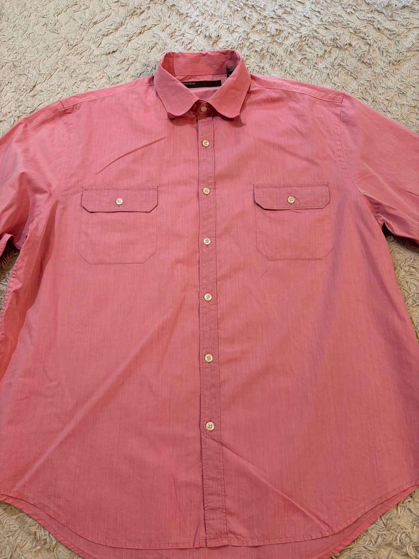 Chemise Perry Ellis Rose Saumon/Corail 100% Coton Double Poche Safari Style Utility – Homme – Taille XL