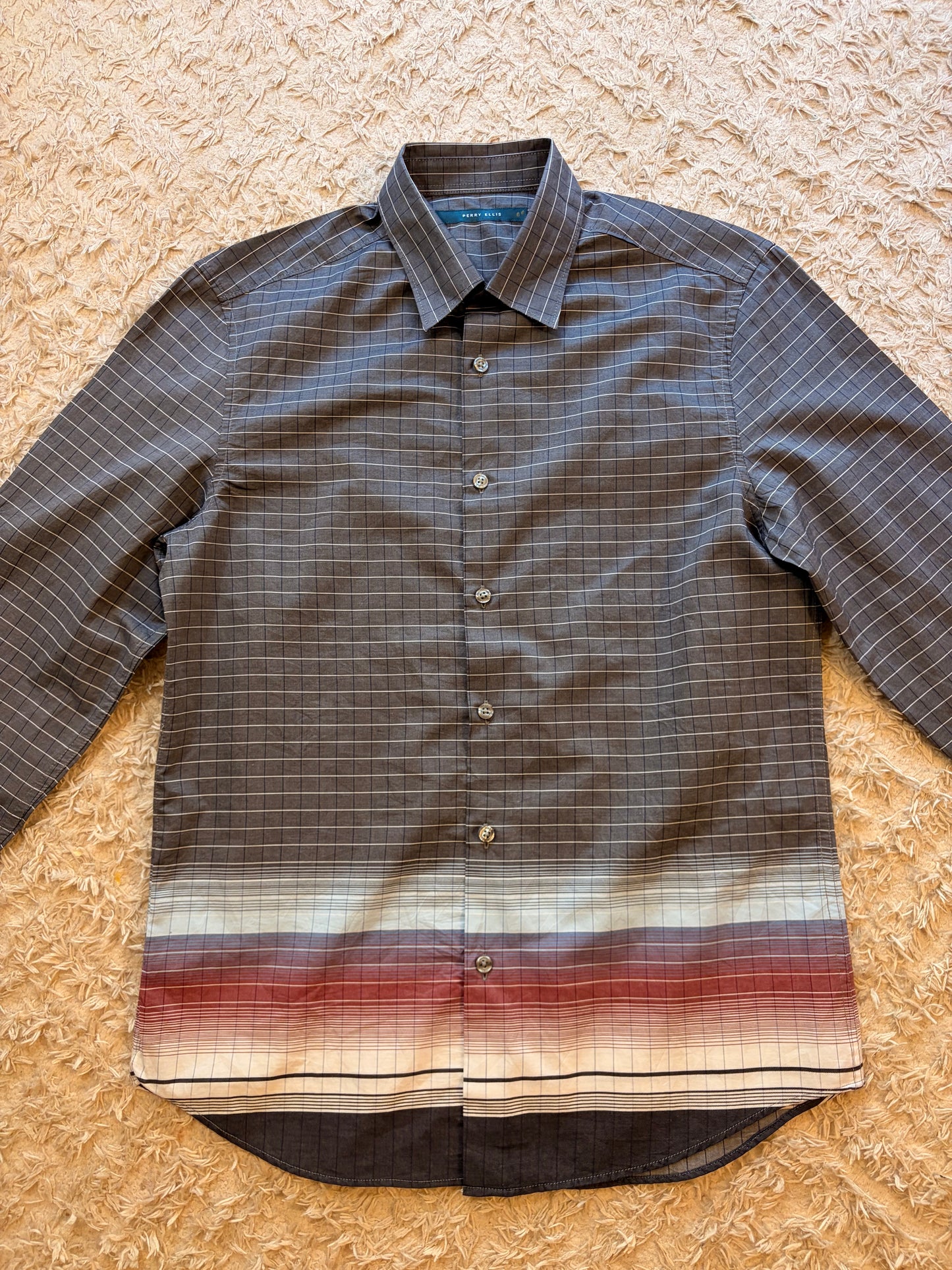 Chemise Perry Ellis Ombré Dégradé Carreaux Gris Anthracite Bande Multicolore Rouge/Beige/Bleu 100% Coton – Homme – Taille S