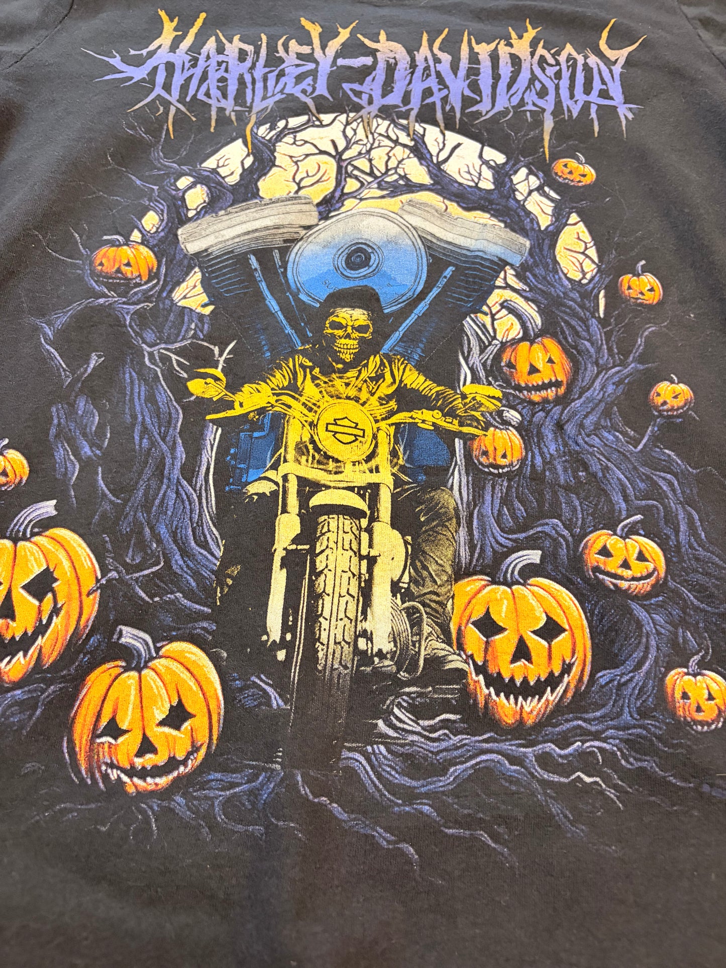 T-shirt Harley-Davidson Halloween Squelette Moto Citrouilles Noir Délavé 100% Coton Modesto California – Femme – Taille S