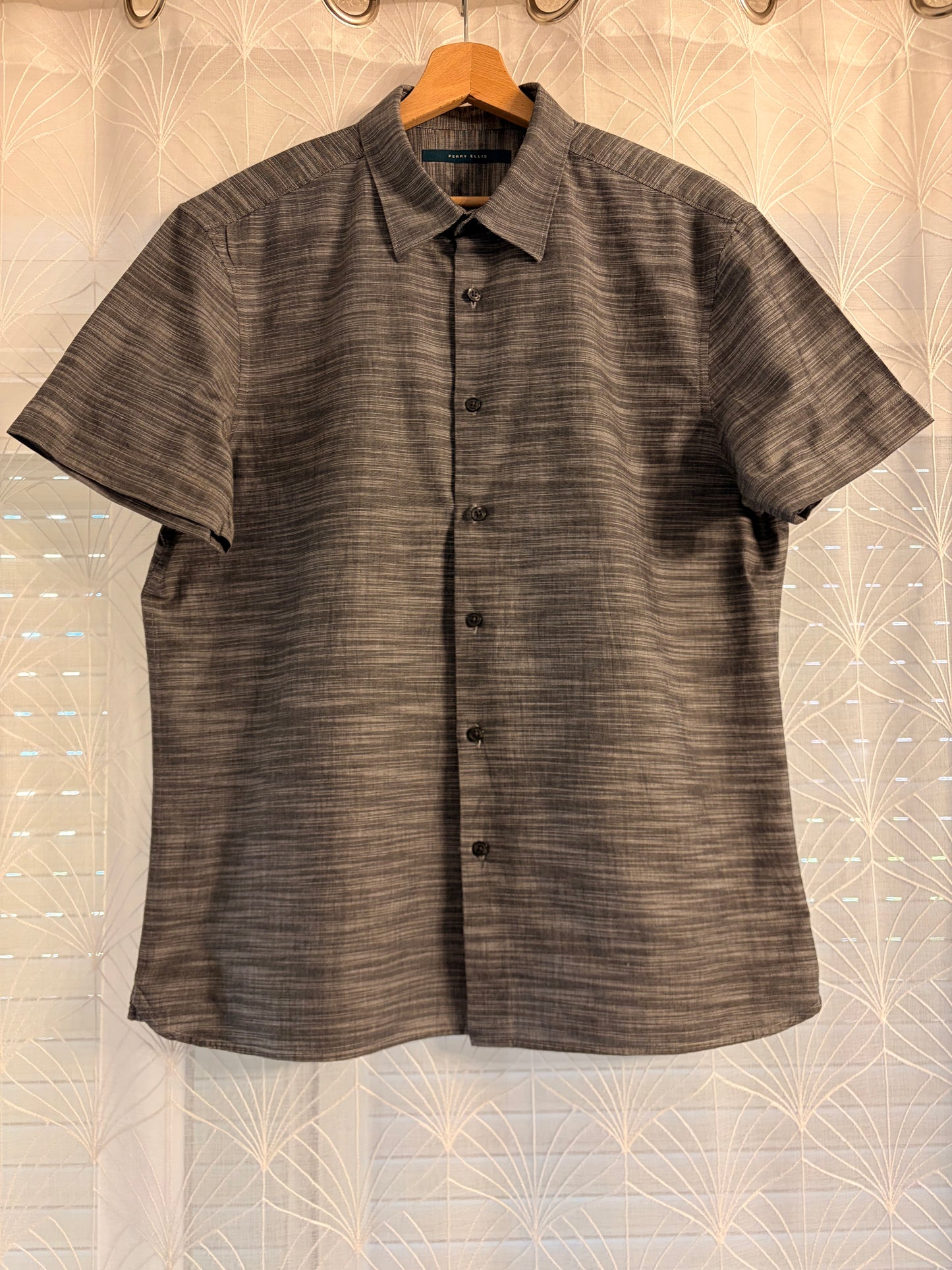 Chemisette Perry Ellis Gris Anthracite/Blanc Chiné Tissage Texturé Bicolore 100% Coton Manches Courtes – Homme – Taille L