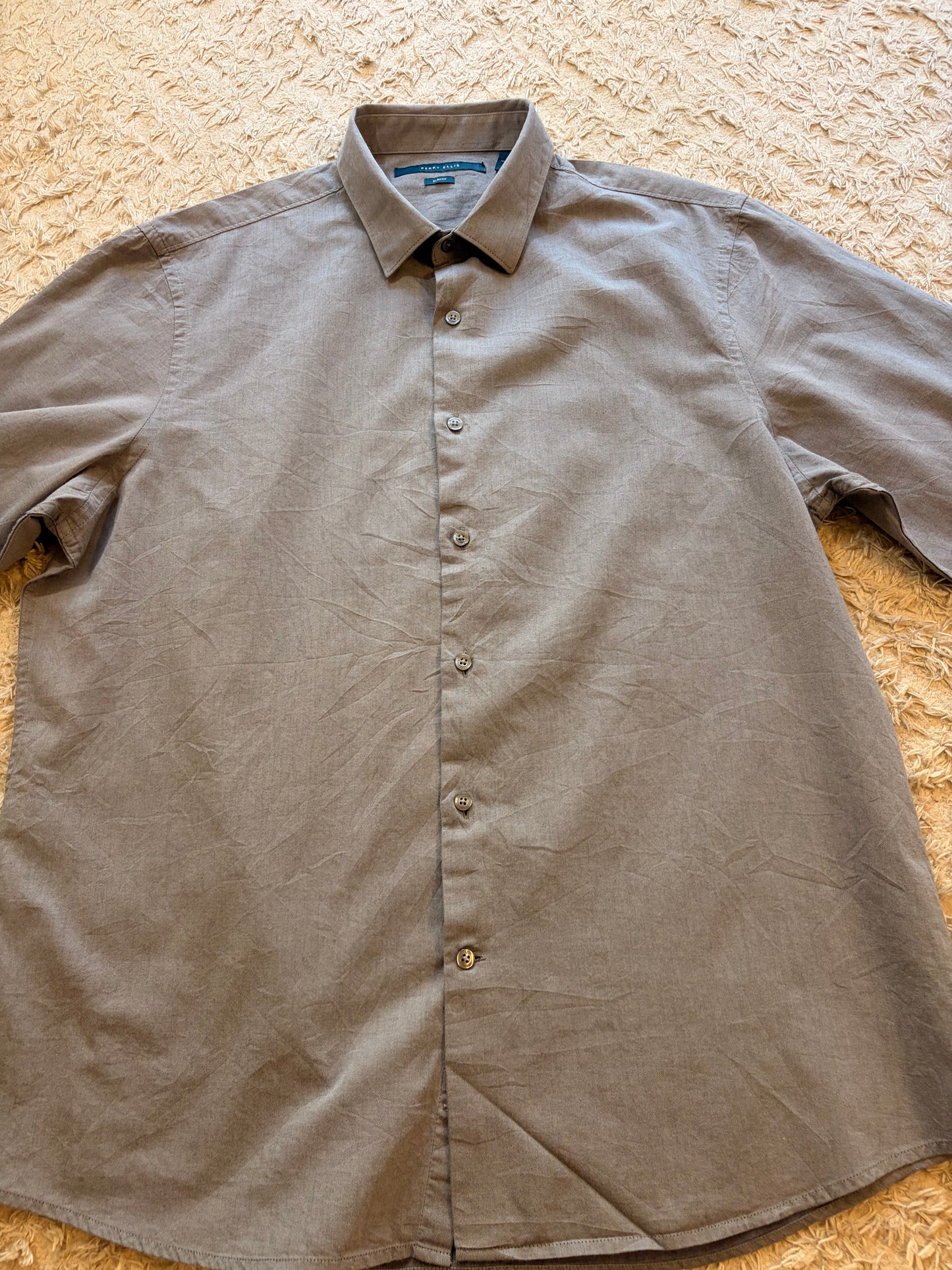 Chemise Perry Ellis Slim Fit Gris Taupe Uni Texturé 100% Coton – Homme – Taille XL