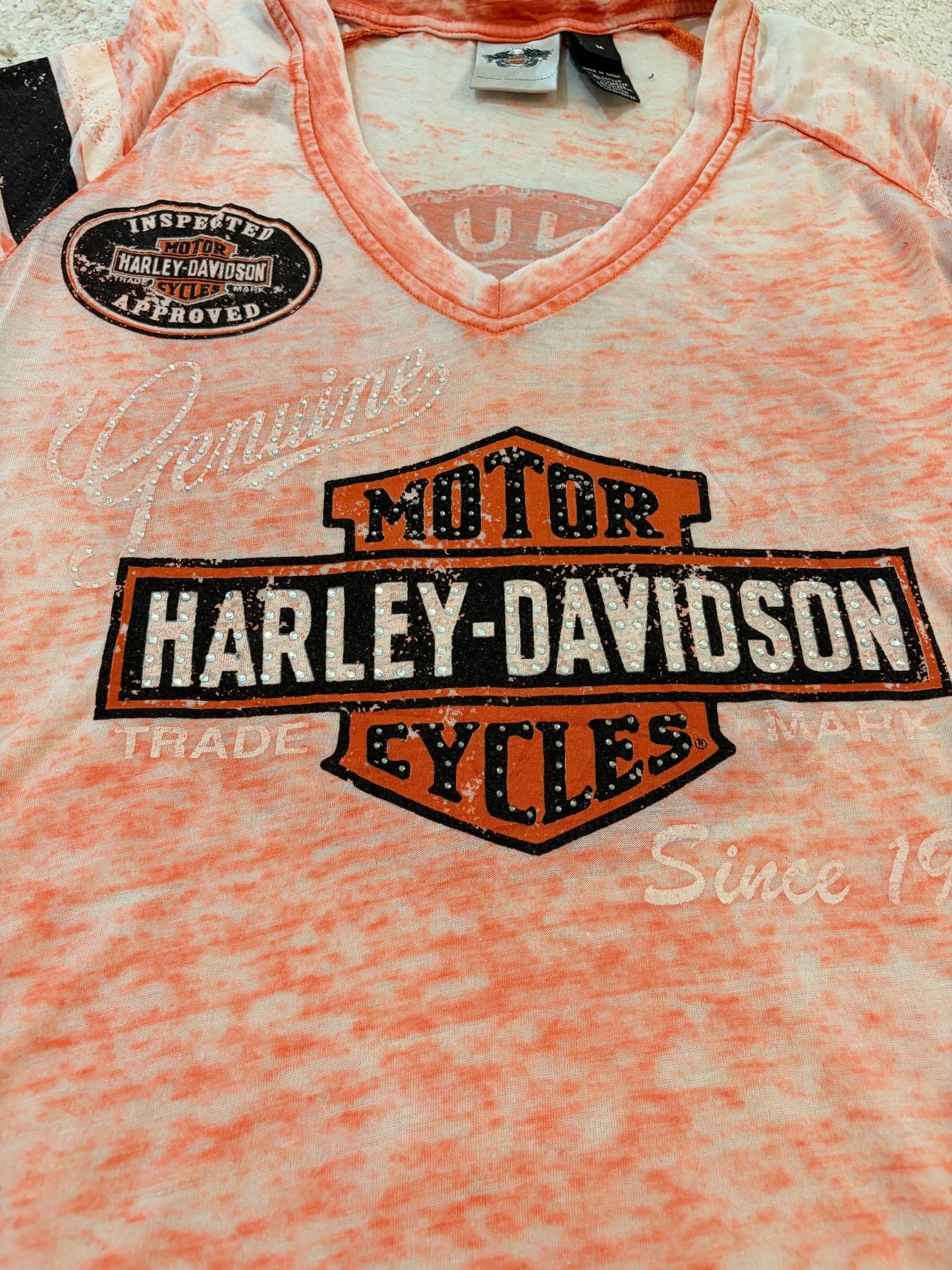T-shirt Harley-Davidson Burnout Blanc/Orange Col V Paillettes Style Sport – Femme – Taille M
