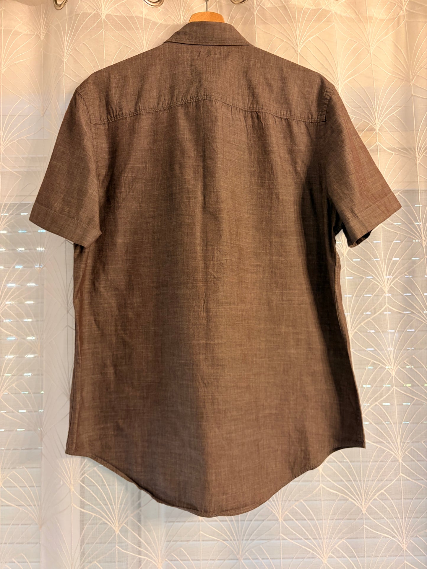 Chemise Manches Courtes Perry Ellis Marron/Taupe Chiné 100% Coton Double Poche – Homme – Taille M