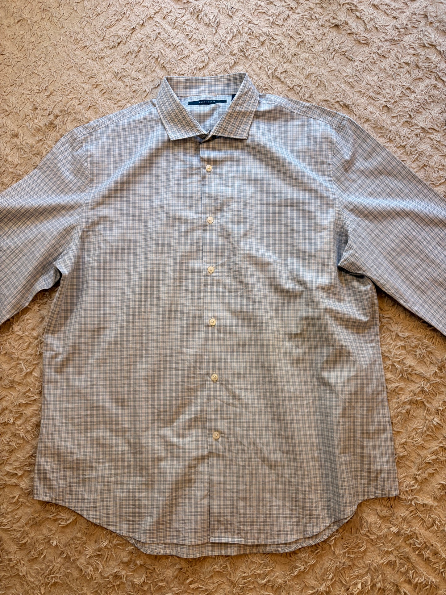 Chemise Perry Ellis Carreaux Tartan Gris/Blanc/Bleu Ciel 100% Coton Manches Longues – Homme/Unisexe – Taille XL