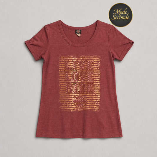 T-shirt Harley-Davidson Live Love Ride rose chiné cold shoulder strass dorés dos Asheville NC 50% polyester – Femme – Taille S | Mode Seconde