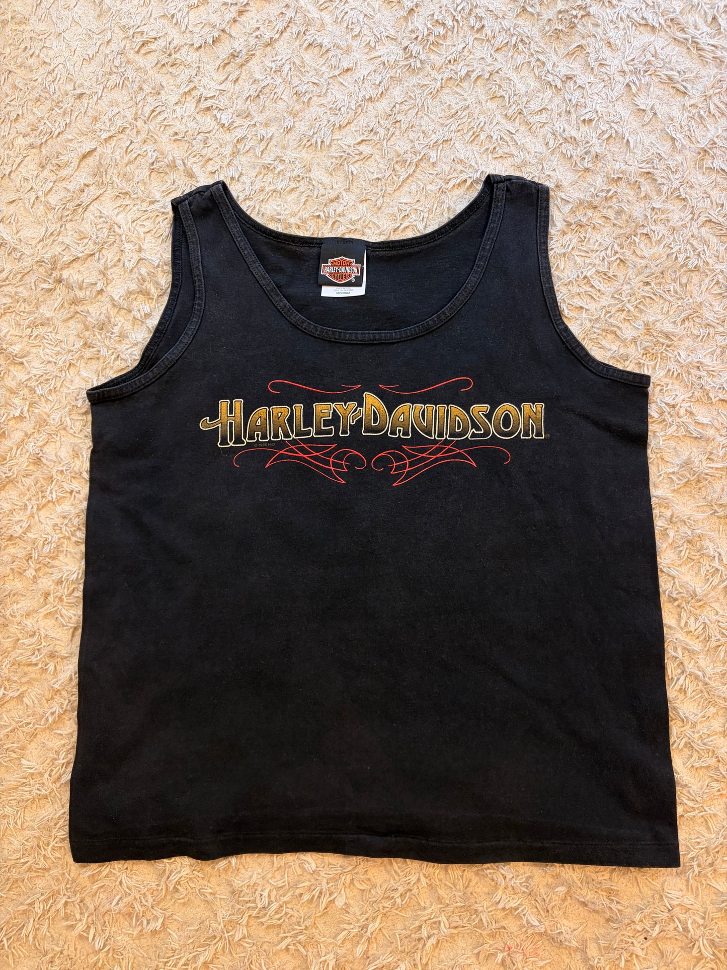 Débardeur Harley-Davidson Vintage 1995 Noir Délavé Hanes Her Way Pinstriping Rouge Dos Worth Kansas City Missouri 100% Coton Made in USA – Femme – Taille M