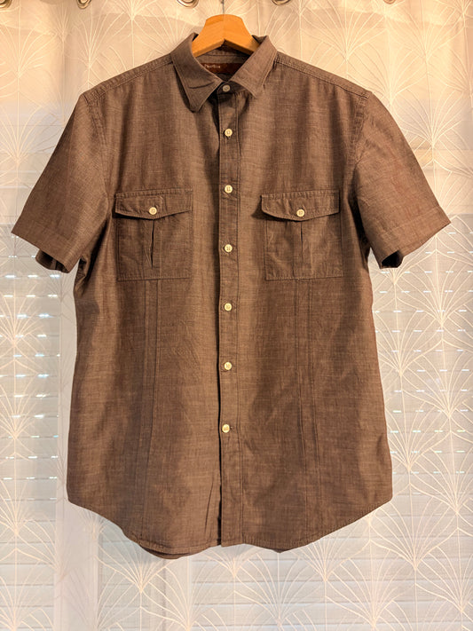 Chemise Manches Courtes Perry Ellis Marron/Taupe Chiné 100% Coton Double Poche – Homme – Taille M
