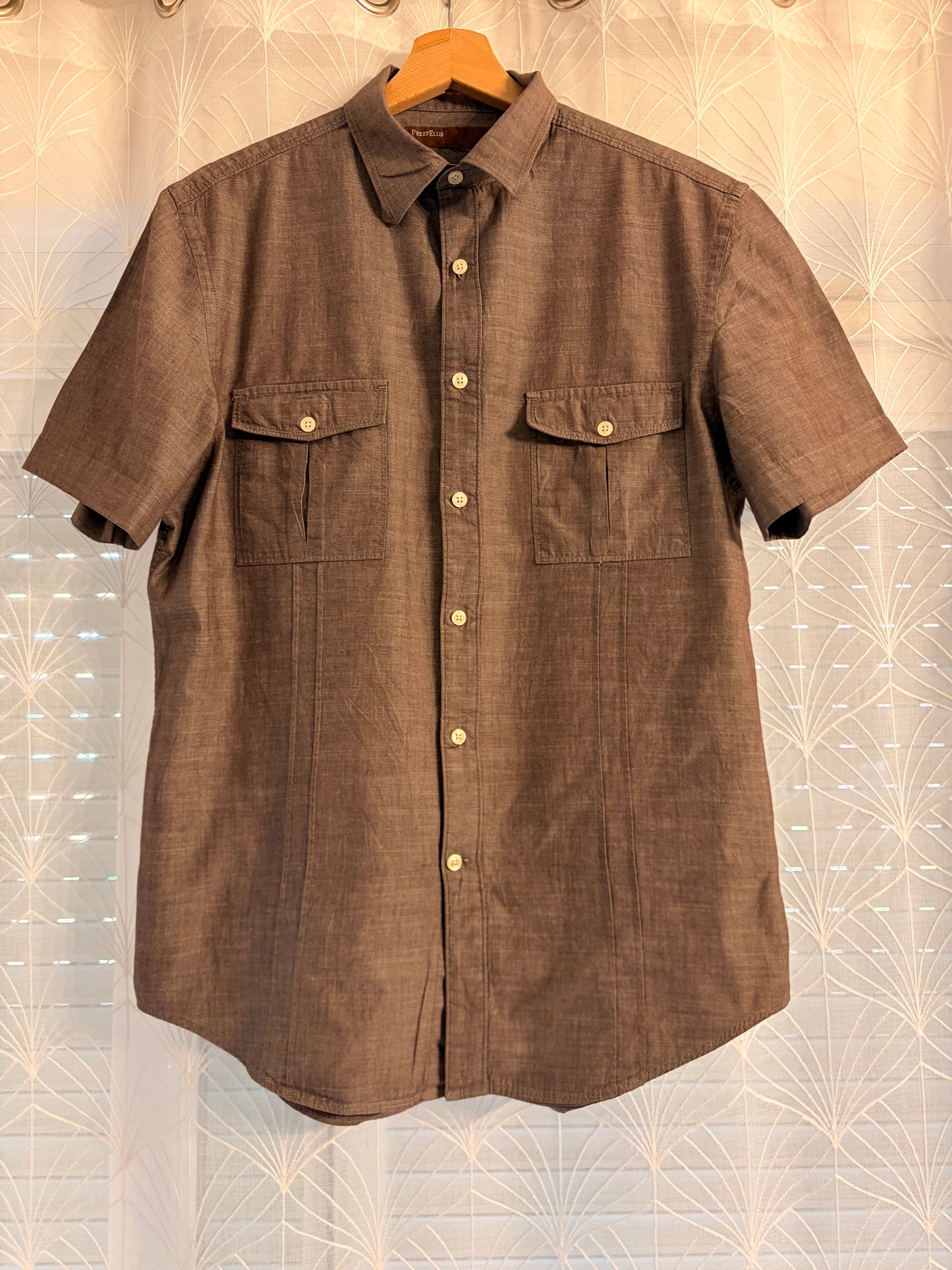 Chemise Manches Courtes Perry Ellis Marron/Taupe Chiné 100% Coton Double Poche – Homme – Taille M