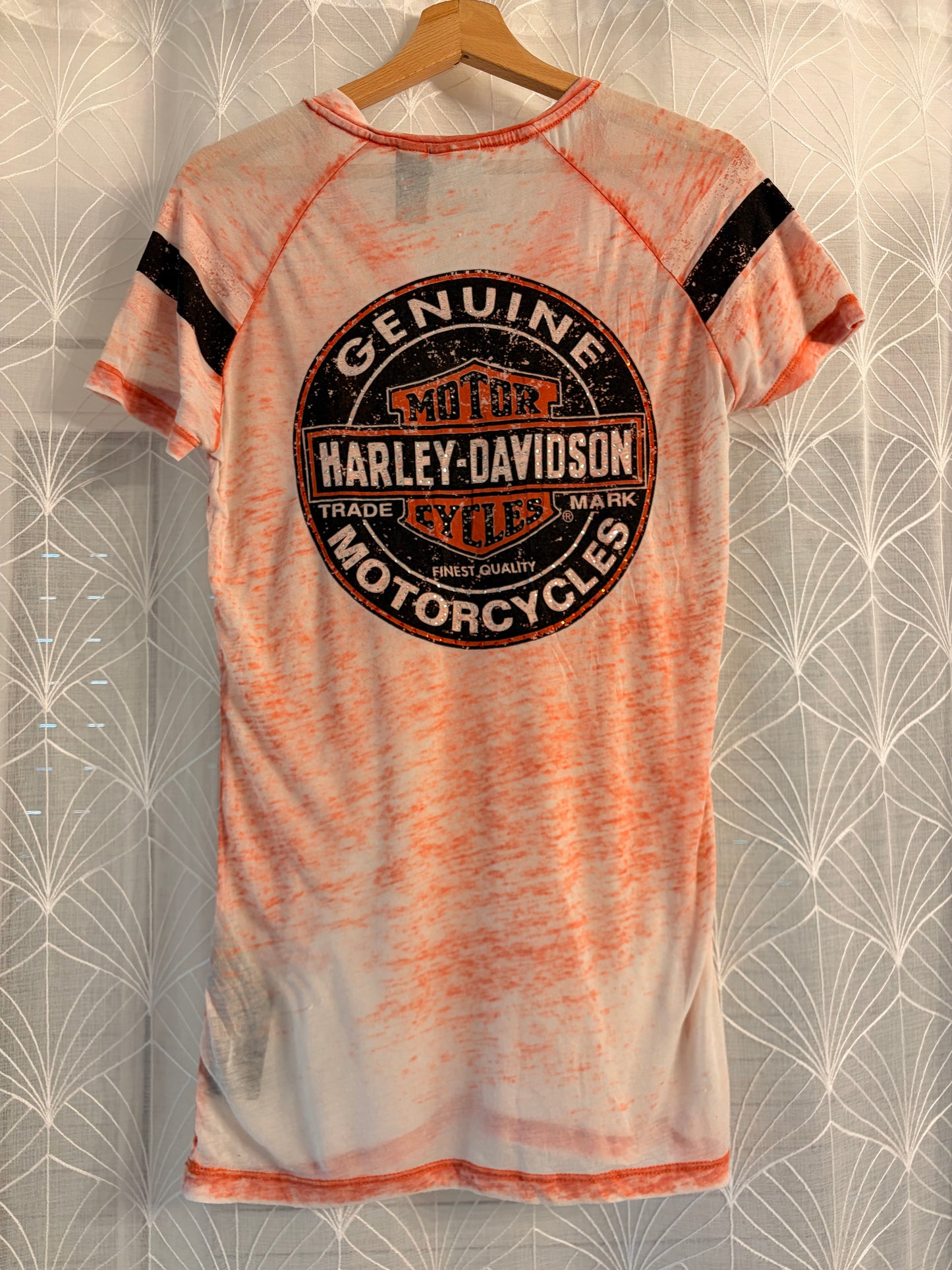 T-shirt Harley-Davidson Burnout Blanc/Orange Col V Paillettes Style Sport – Femme – Taille M