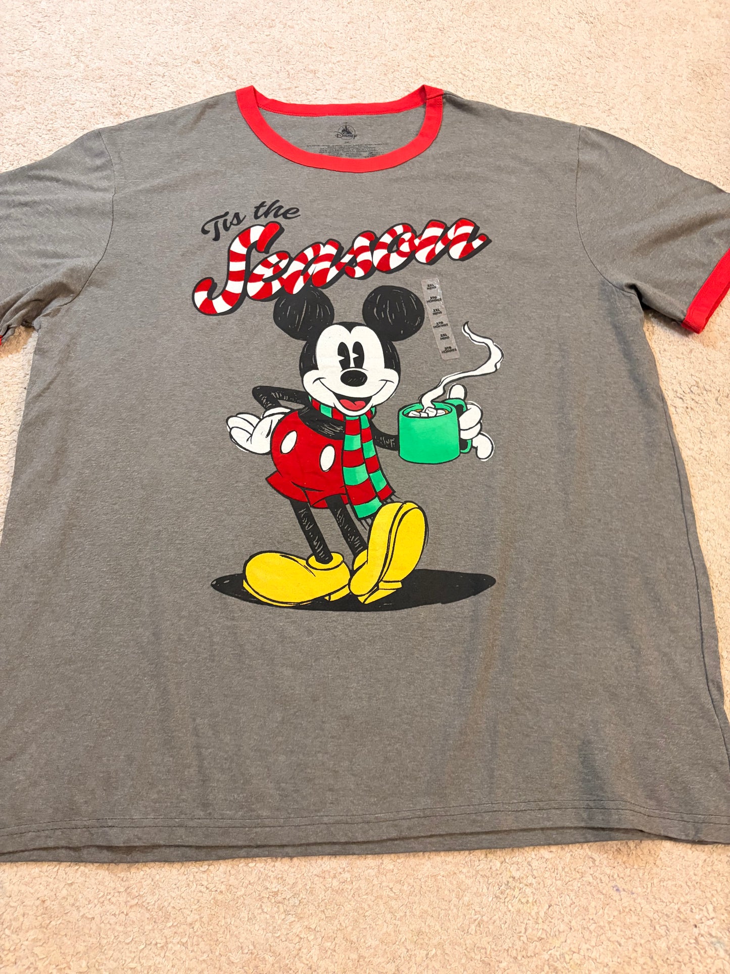 T-shirt Disney Noël Mickey Mouse Tis the Season Gris Ringer Rouge – Neuf – Mixte – Taille 2XL