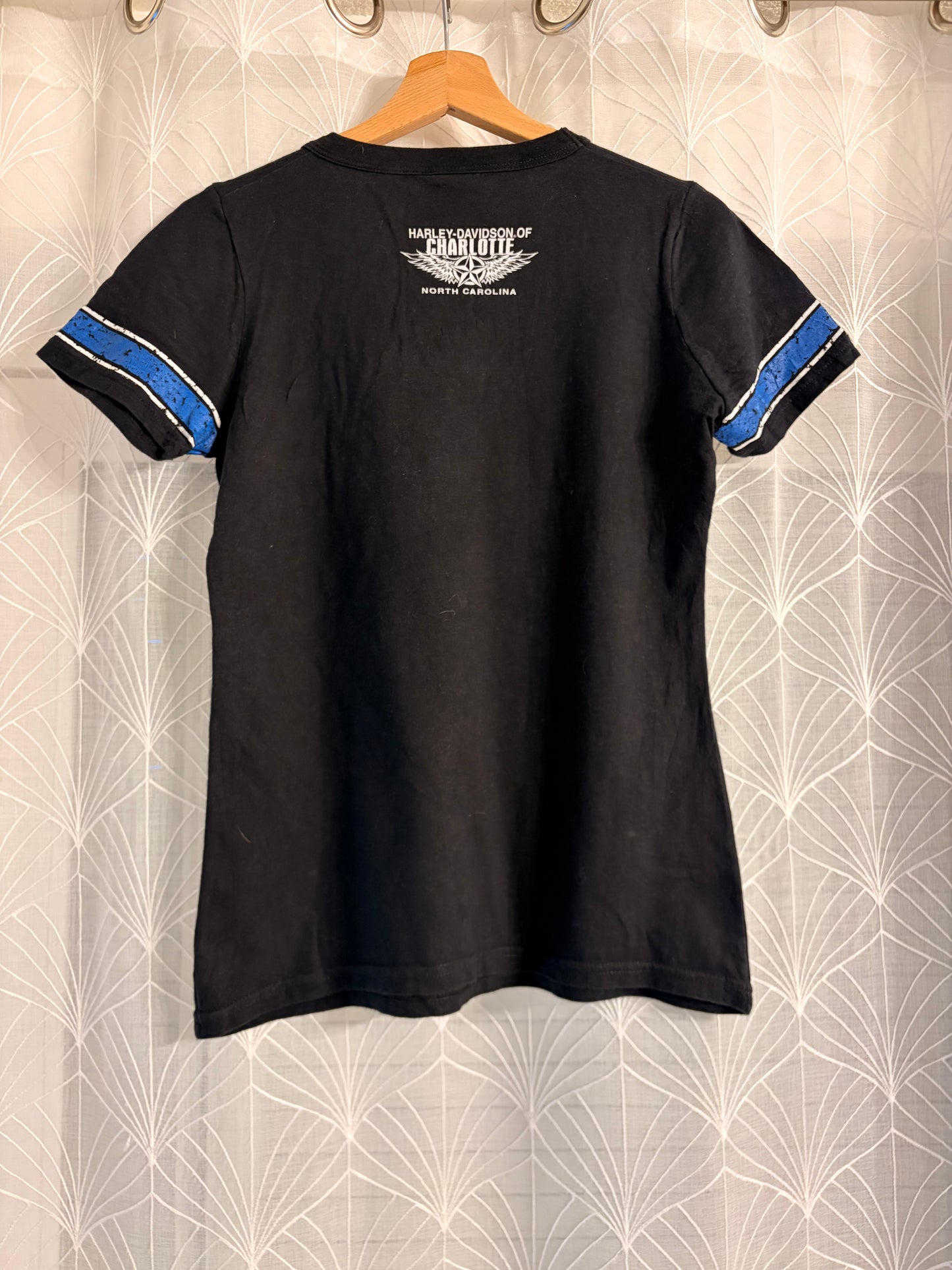 T-shirt Harley-Davidson Noir/Bleu Col V Style Sport Vintage – Femme – Taille S/M