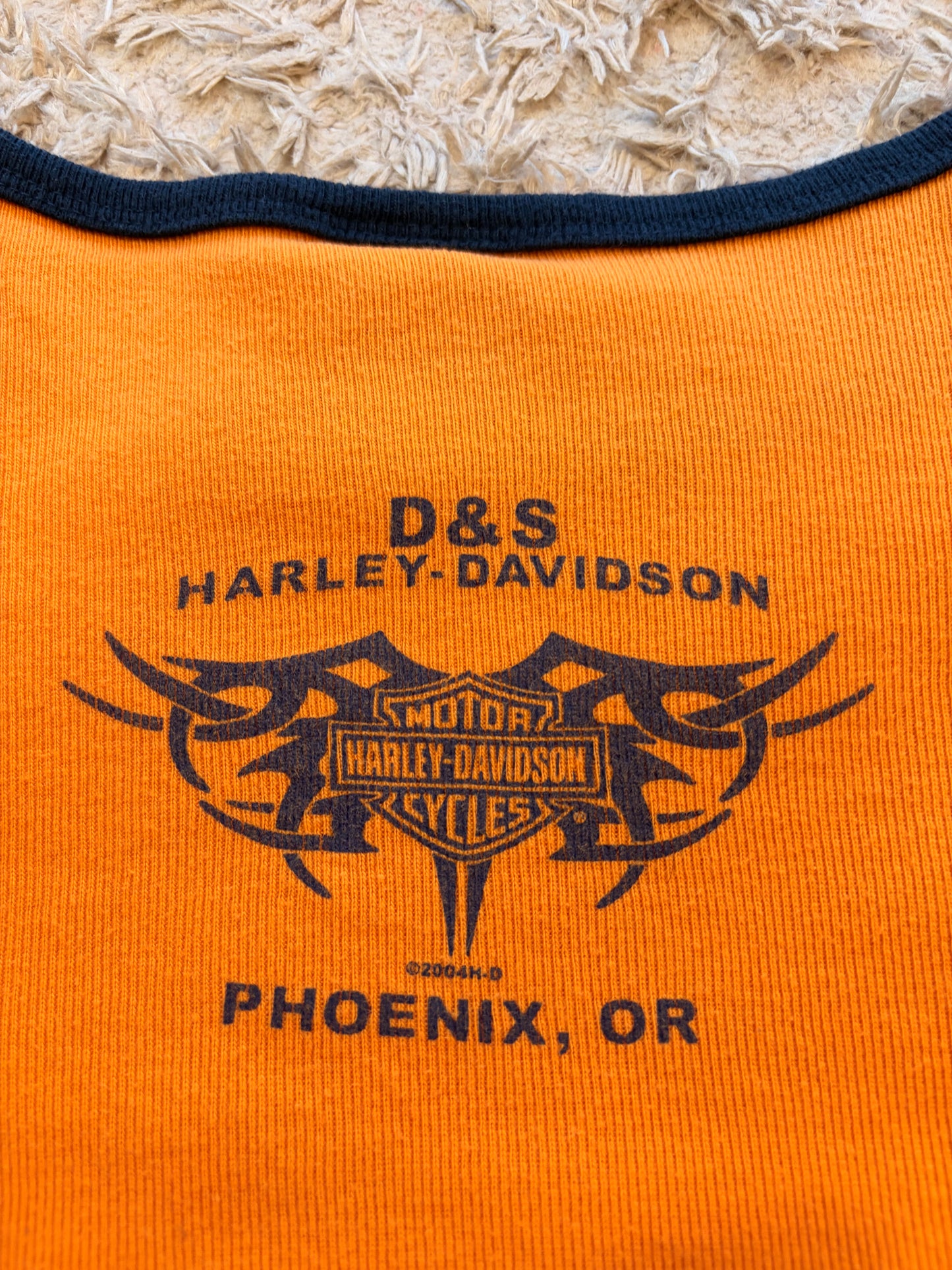 Top Manches Longues Harley-Davidson Vintage 2004 Holoubek D&S Phoenix Oregon Maille Côtelée Orange/Noir Brodé – Femme – Taille L