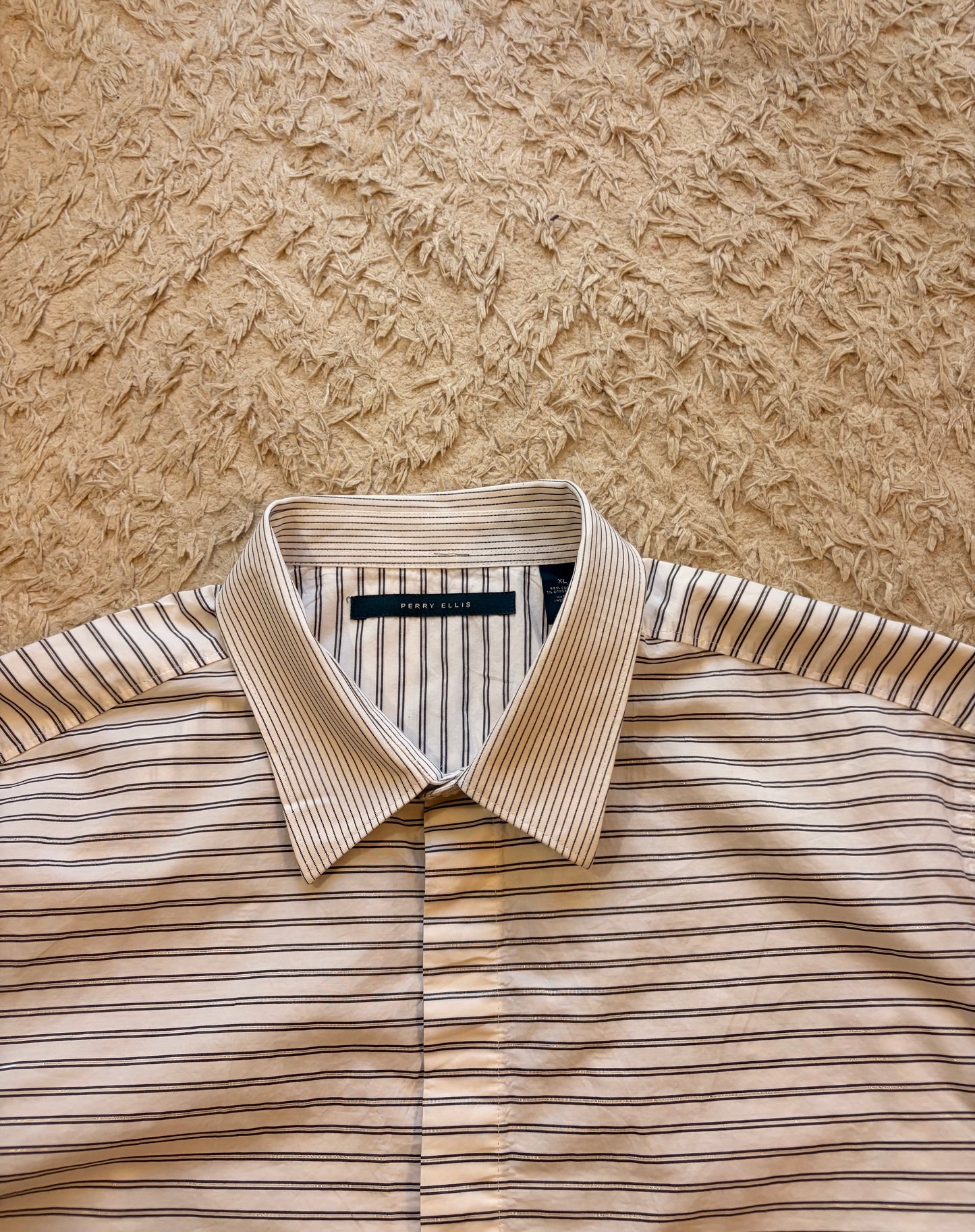 Chemise Perry Ellis Rayures Horizontales/Verticales Contrastées Blanc/Noir 99% Coton – Homme – Taille XL