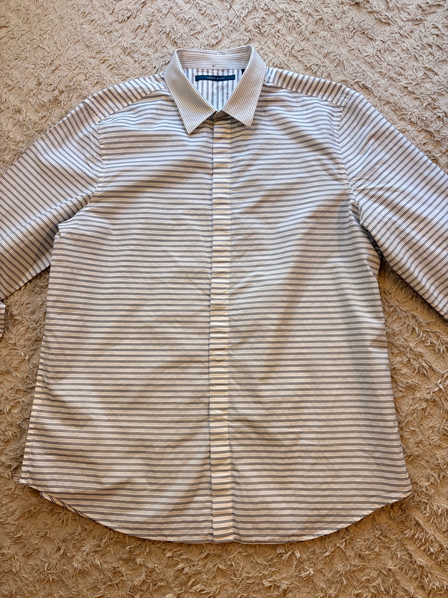 Chemise Perry Ellis Rayures Horizontales/Verticales Contrastées Blanc/Noir 99% Coton – Homme – Taille XL