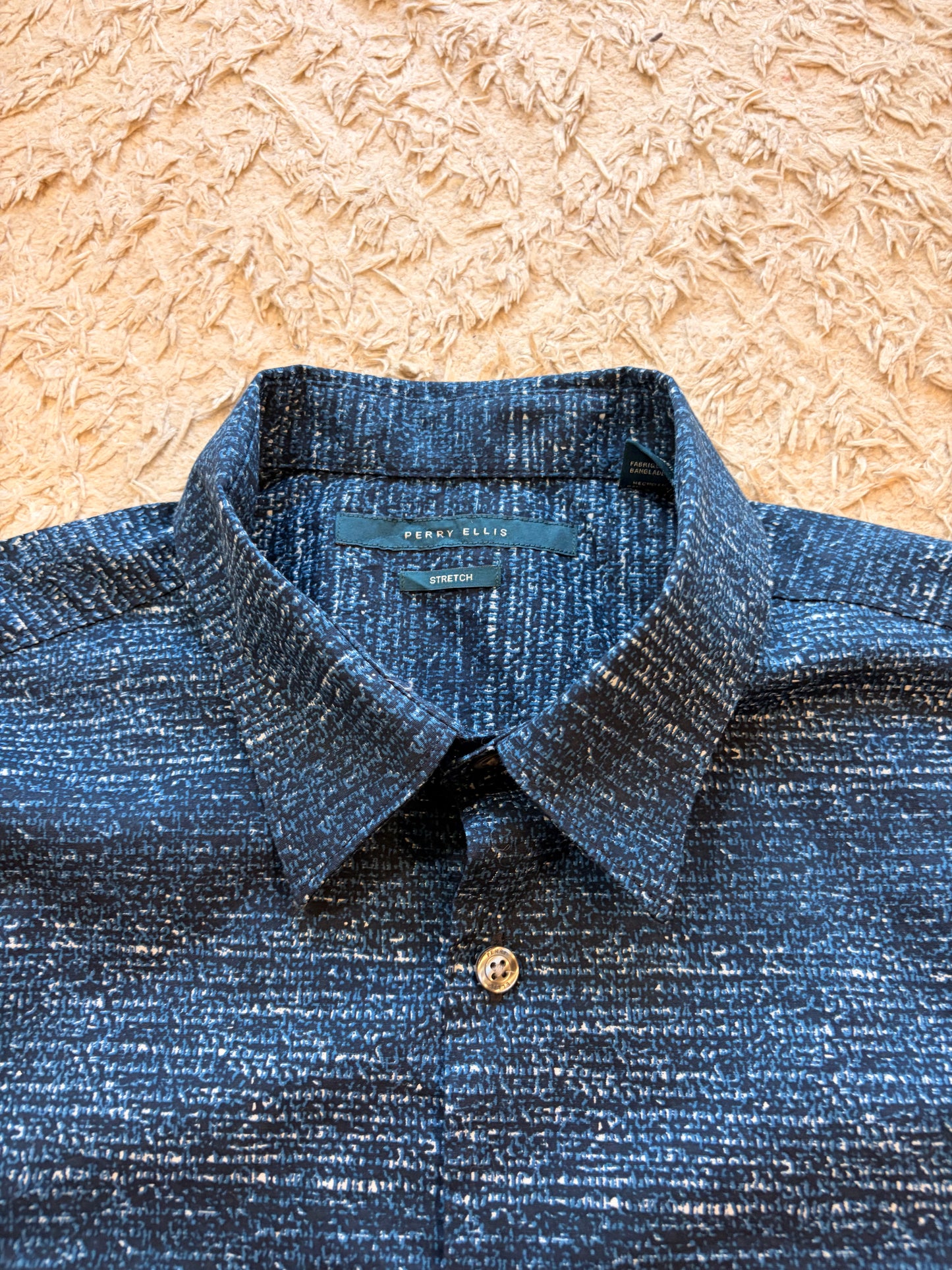 Chemise Manches Courtes Perry Ellis Stretch Bleu Marine Motif Flammé Blanc – Homme – Taille L