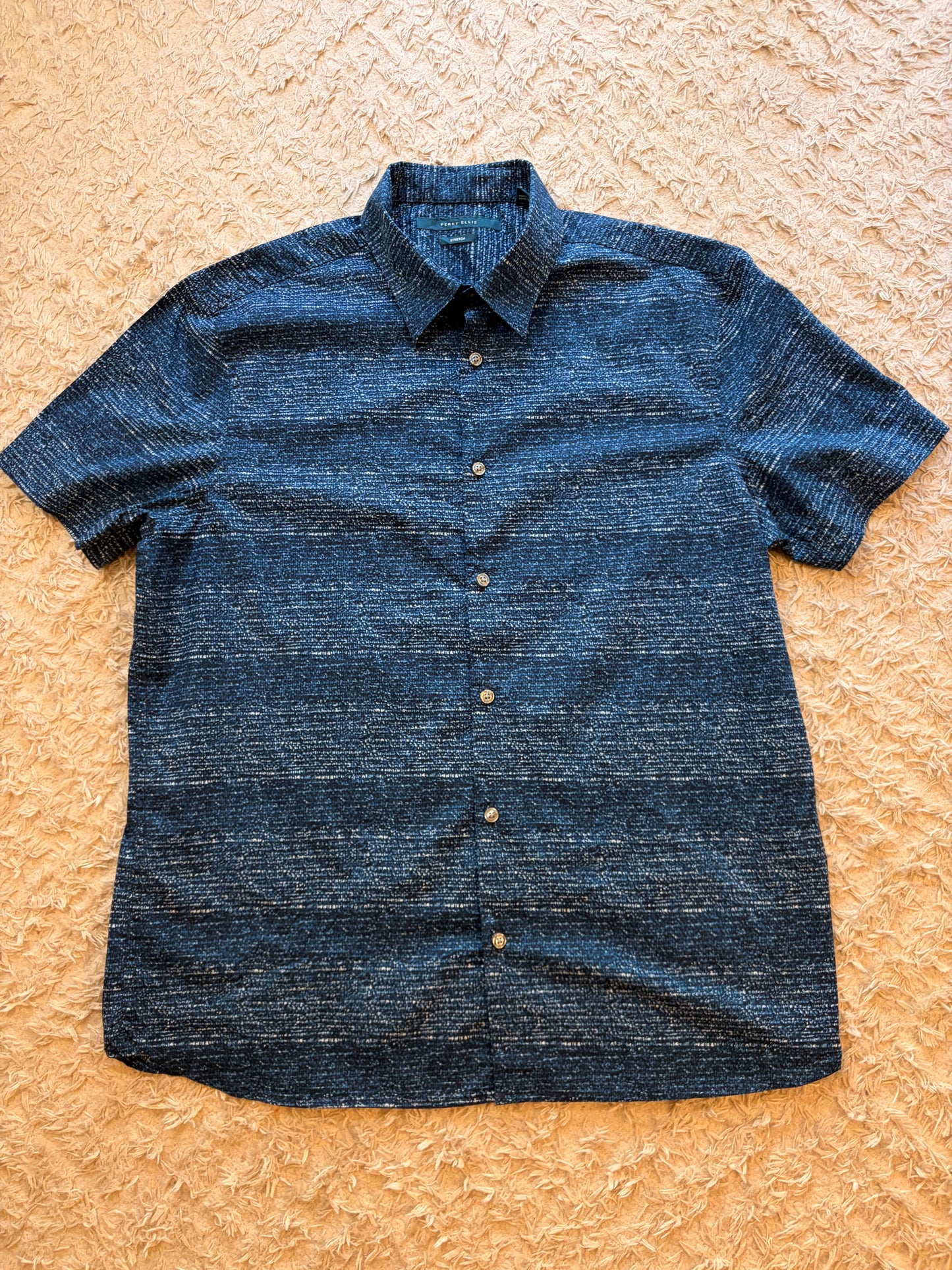 Chemise Manches Courtes Perry Ellis Stretch Bleu Marine Motif Flammé Blanc – Homme – Taille L