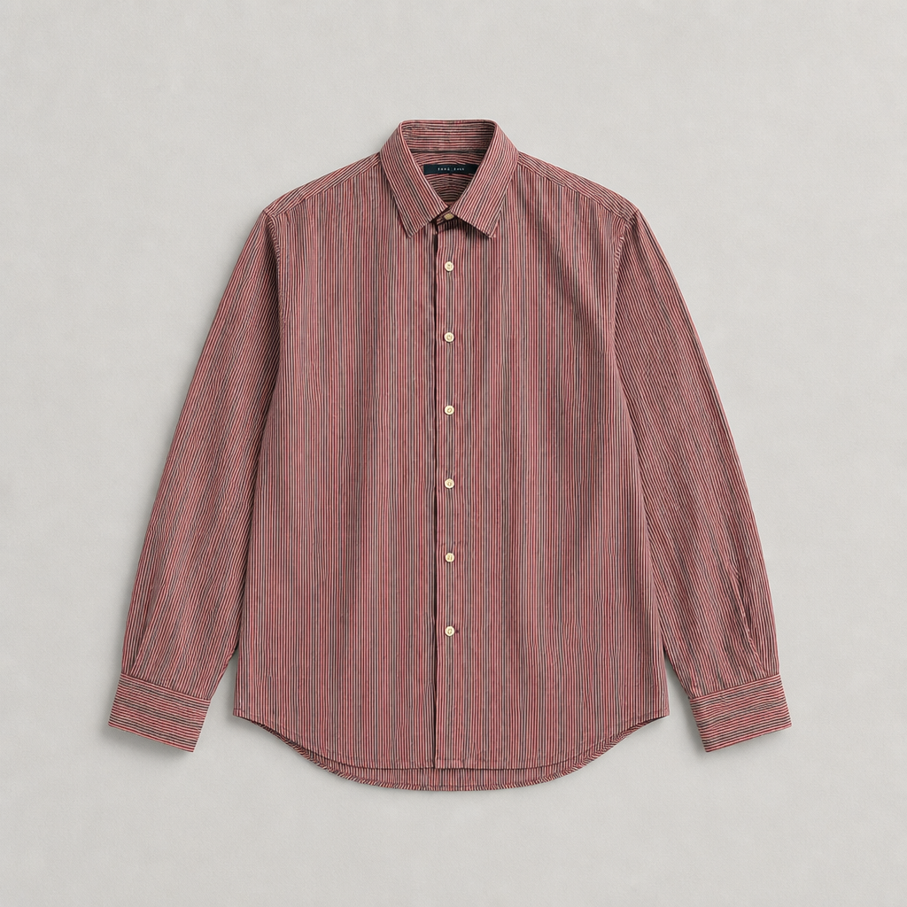 Chemise Perry Ellis rayures verticales bordeaux/chocolat/blanc 100% coton – Homme – Taille L | Mode Seconde