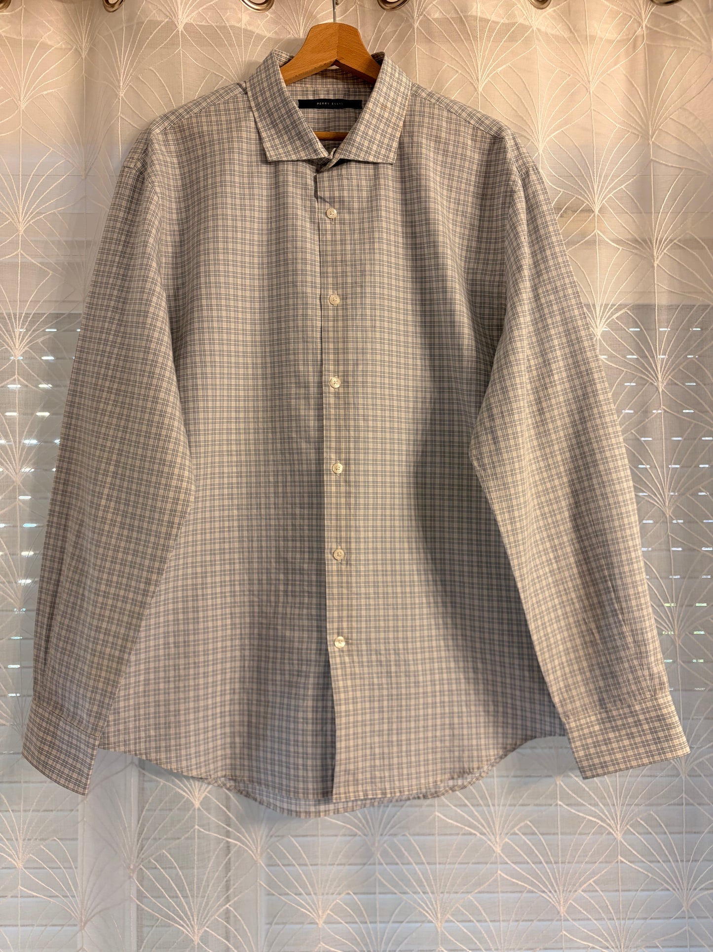 Chemise Perry Ellis Carreaux Tartan Gris/Blanc/Bleu Ciel 100% Coton Manches Longues – Homme/Unisexe – Taille XL