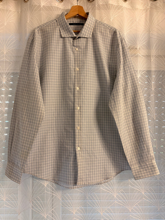 Chemise Perry Ellis Carreaux Tartan Gris/Blanc/Bleu Ciel 100% Coton Manches Longues – Homme/Unisexe – Taille XL