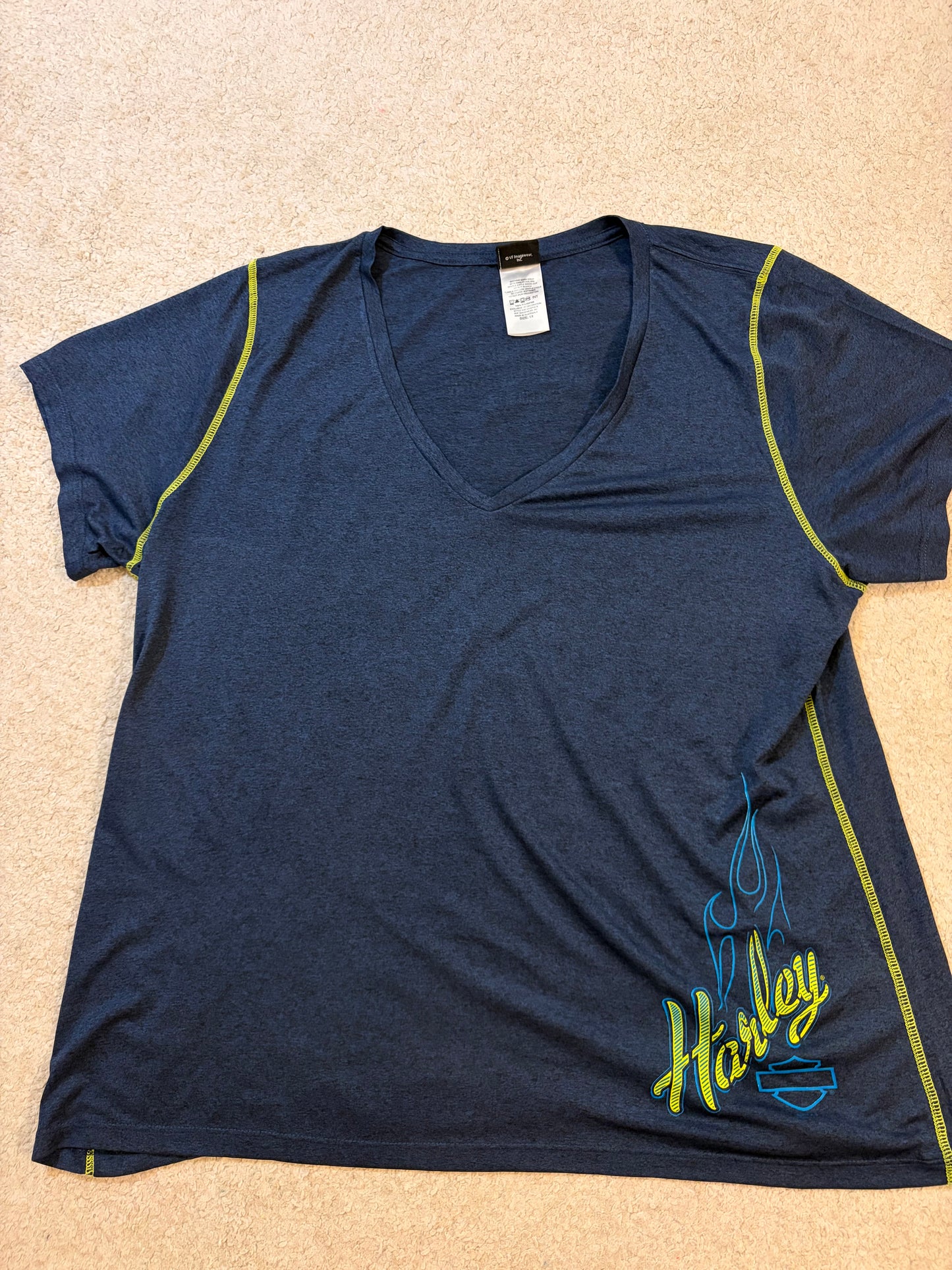 T-shirt Harley-Davidson Col V Bleu Chiné Flammes – Grande Taille 1X (XL/XXL) – Femme