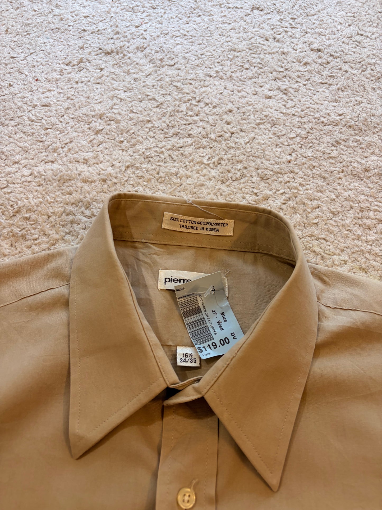 Chemise Pierre Cardin Beige Manches Longues – Neuve avec Étiquette – Taille L (16½)