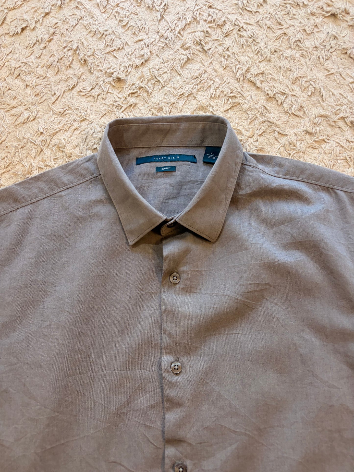 Chemise Perry Ellis Slim Fit Gris Taupe Uni Texturé 100% Coton – Homme – Taille XL