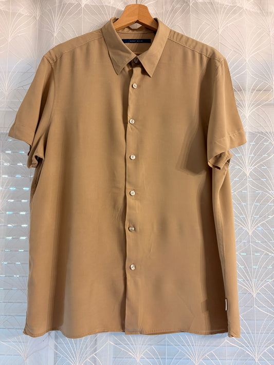 Chemise Perry Ellis Beige Sable 100% Viscose Manches Courtes Fluide Soyeuse – Homme – Taille L