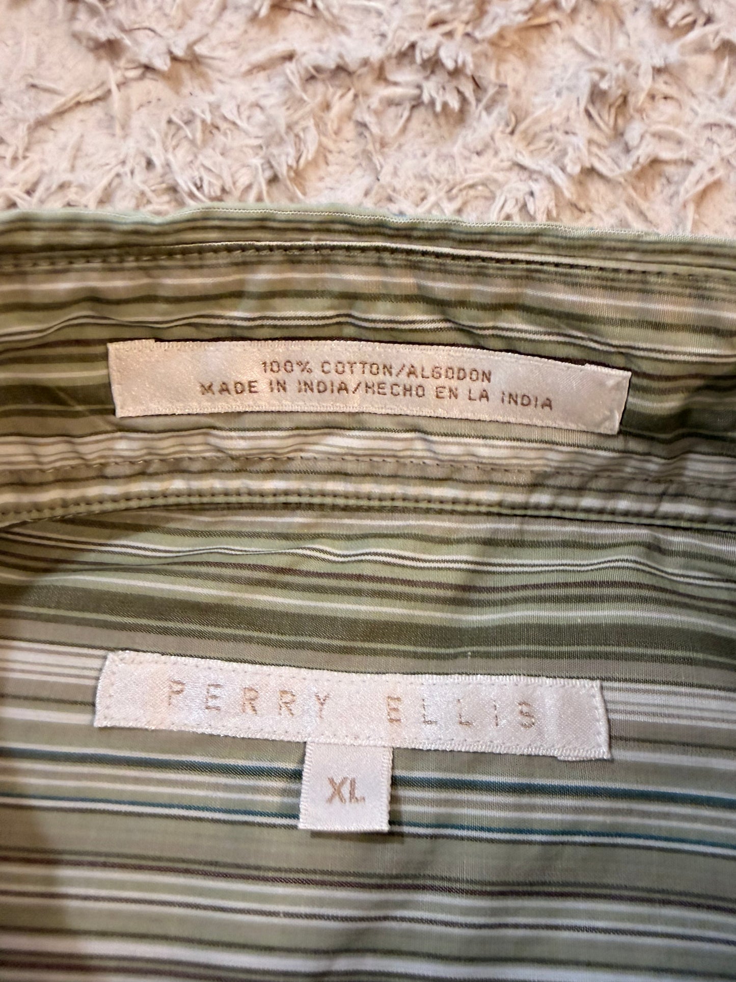 Chemise Perry Ellis Rayures Verticales Vert Olive/Blanc/Bleu Turquoise 100% Coton – Homme – Taille XL