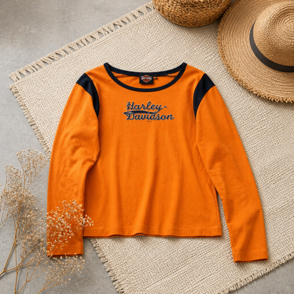 Top manches longues Harley-Davidson vintage 2004 Holoubek D&S Phoenix Oregon maille côtelée orange/noir broderie avant – Femme – Taille L | Mode Seconde