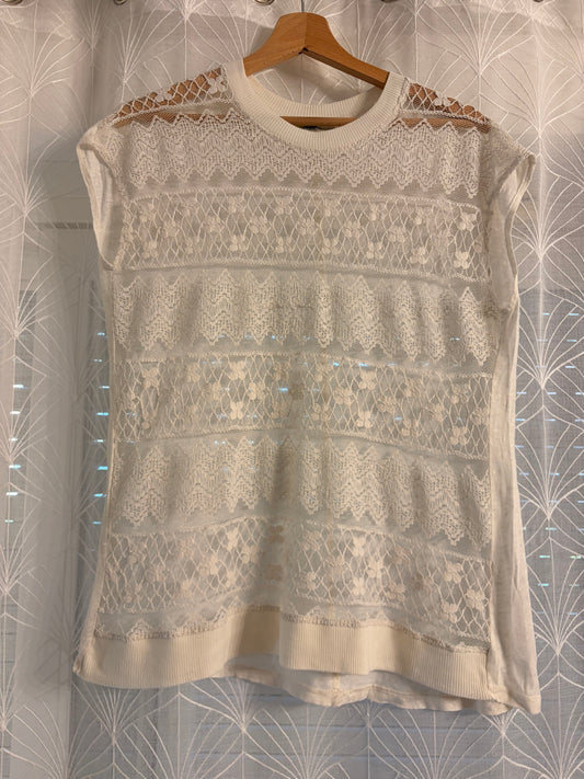 Top Sans Manches Zara Trafaluc Écru Dentelle Florale Motifs Festonnés – Taille M Femme | Seconde Main