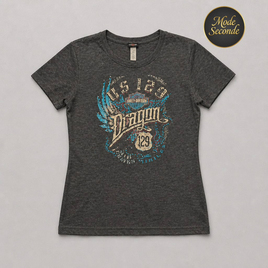 T-shirt Harley-Davidson US 129 Tail of the Dragon Tallassee Tennessee gris anthracite chiné ailes bleu turquoise effet vintage – Femme – Taille S | Mode Seconde