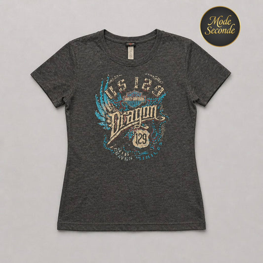 T-shirt Harley-Davidson US 129 Tail of the Dragon Tallassee Tennessee gris anthracite chiné ailes bleu turquoise effet vintage – Femme – Taille S | Mode Seconde