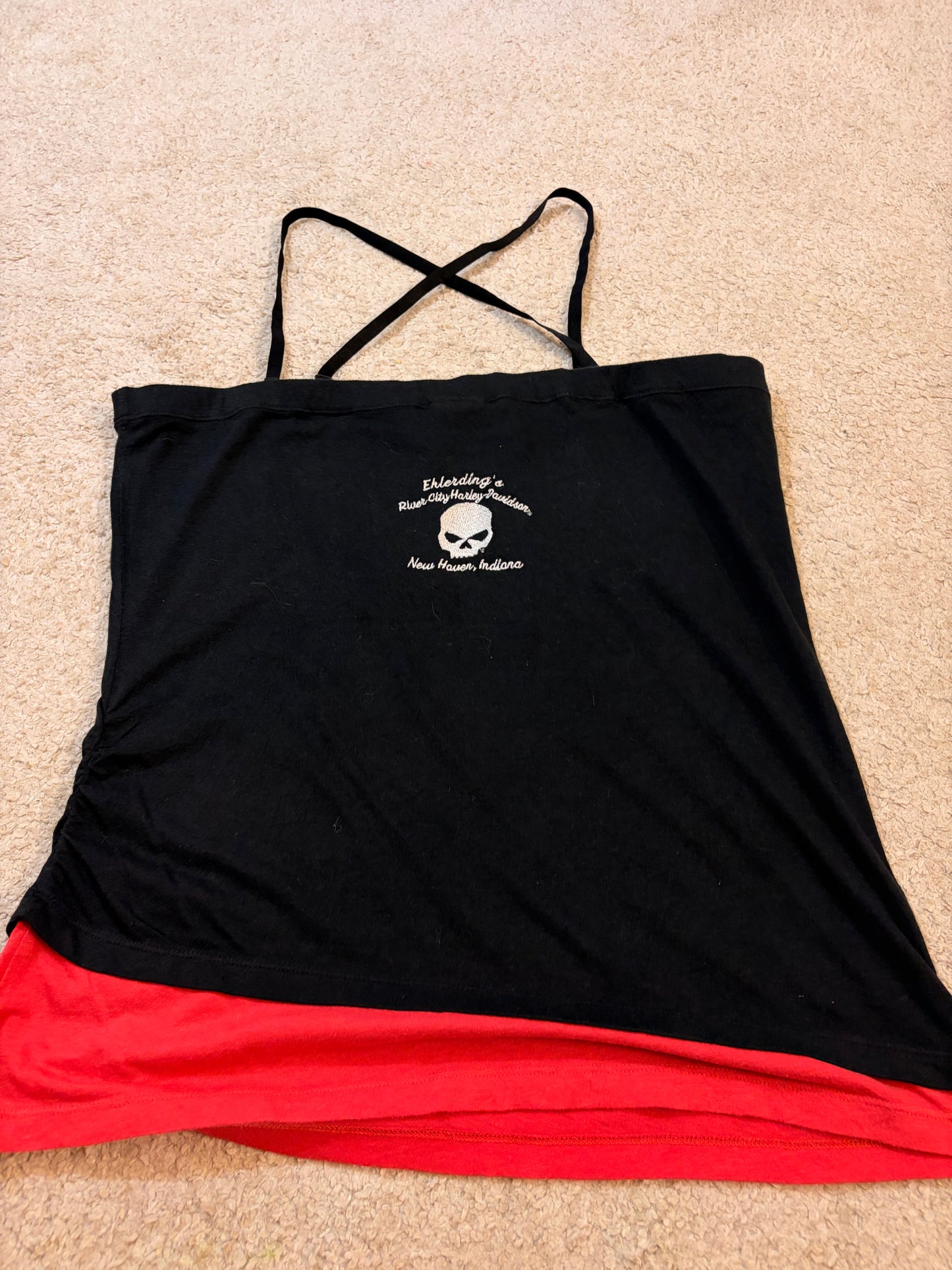 Top Débardeur Harley-Davidson Asymétrique Bretelles Croisées Noir/Rouge Paillettes – Femme – Taille L