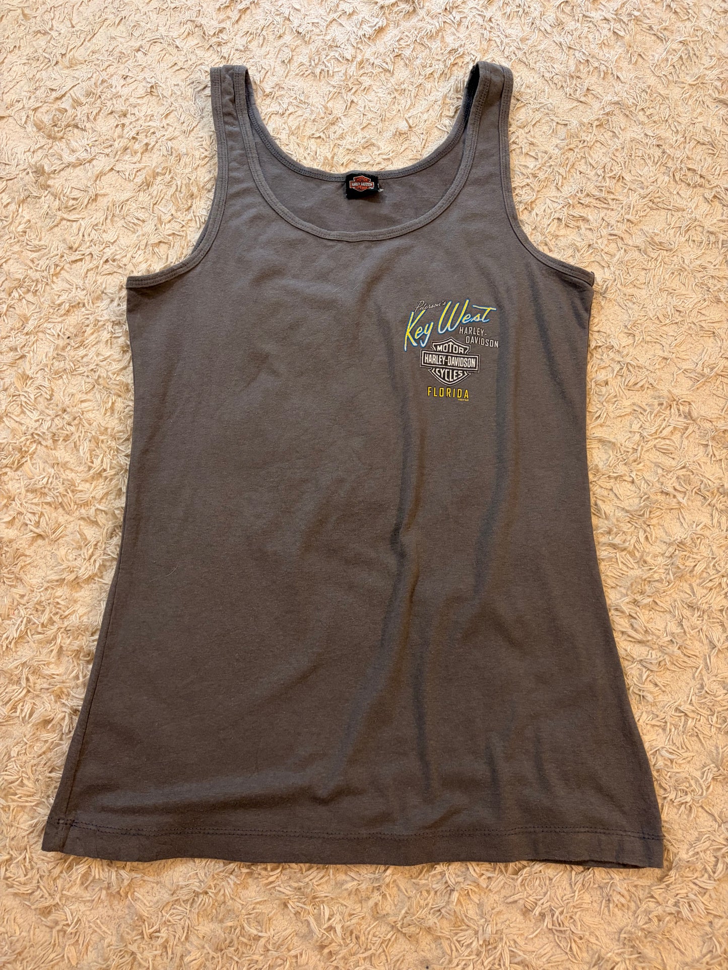 Débardeur Harley-Davidson Peterson's Key West Florida Gris Taupe Tortue Marine Multicolore Bleu Lagon/Jaune/Orange 57% Coton Stretch – Femme – Taille L/XL