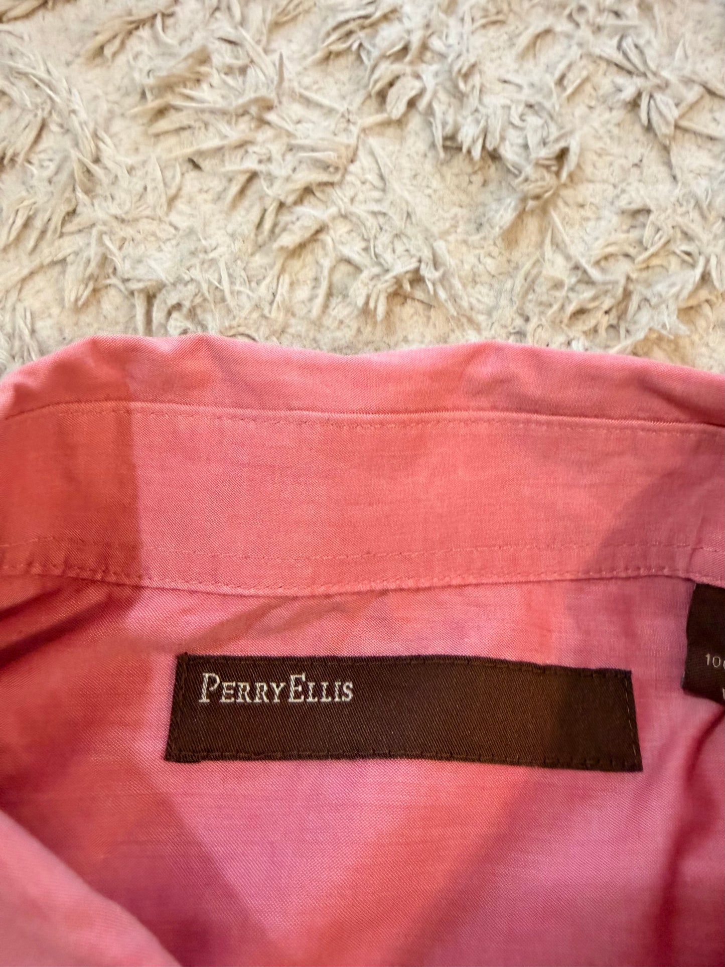 Chemise Perry Ellis Rose Saumon/Corail 100% Coton Double Poche Safari Style Utility – Homme – Taille XL