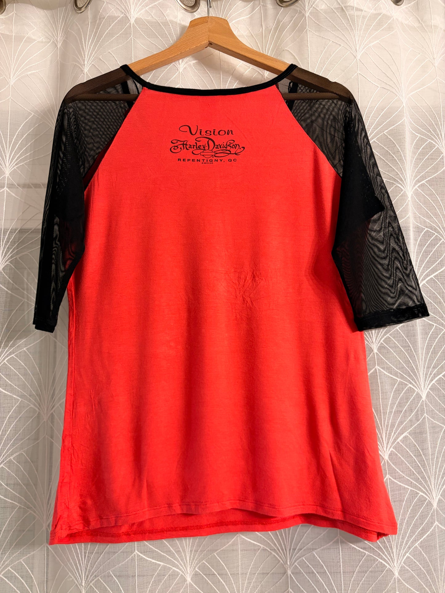 Top Harley-Davidson Rouge/Corail Manches Résille Noir Style Y2K Biker – Femme – Taille M
