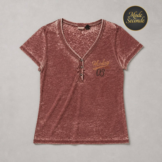 T-shirt Harley-Davidson MotorClothes col tunisien boutonné acid wash pourpre/bordeaux délavé paillettes dorées Freedom of the Road 1903 – Femme – Taille L | Mode Seconde