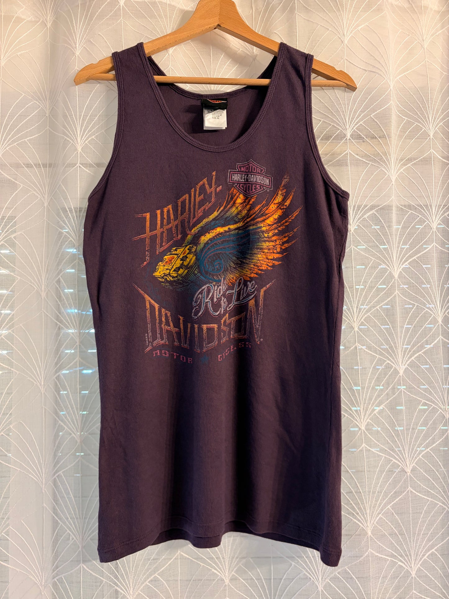 Débardeur Harley-Davidson Honolulu Hawaii Maille Côtelée Violet Prune Ride to Live Ailes Phénix Multicolores 95% Coton Made in USA – Femme – Taille XL